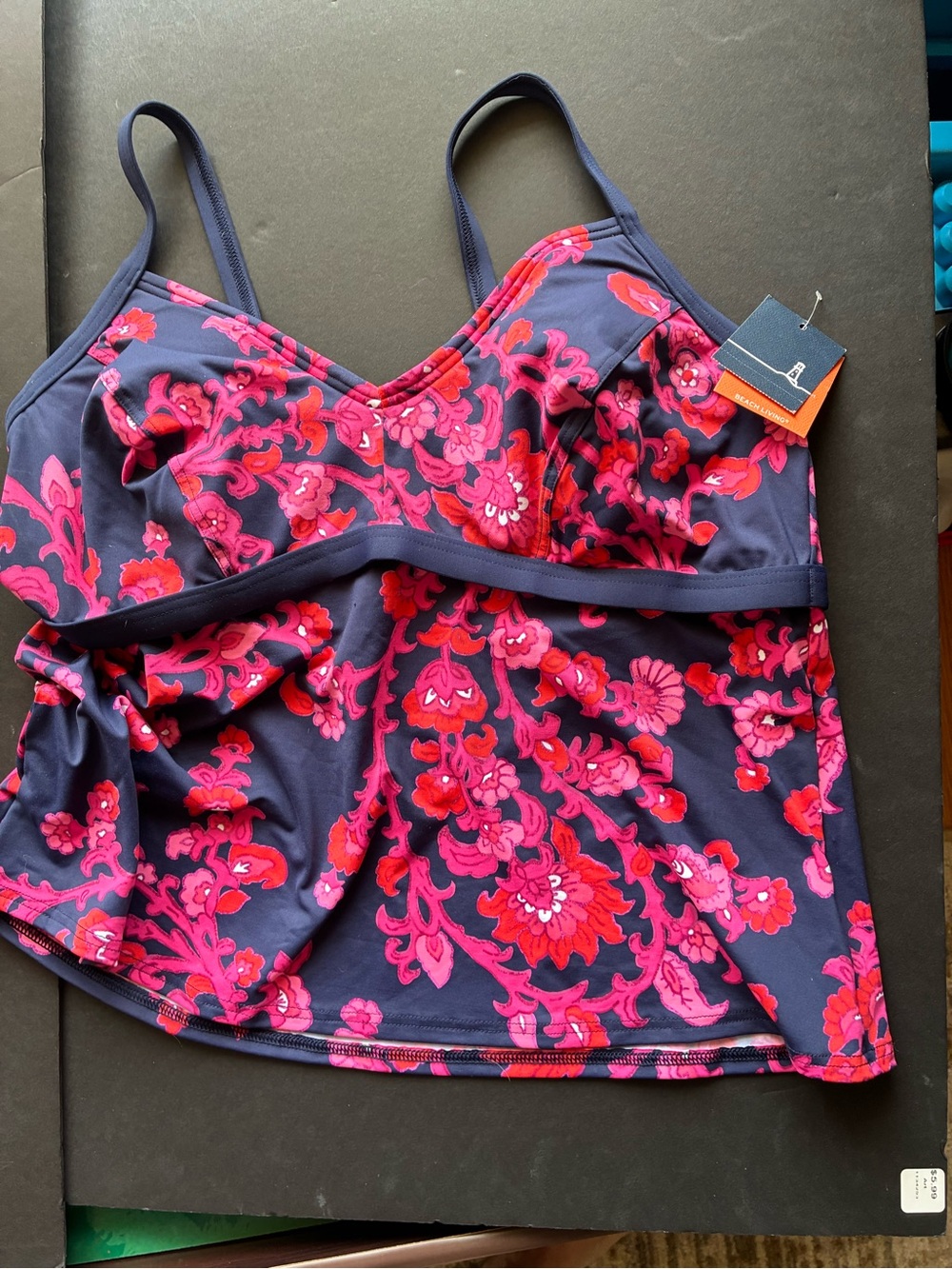 Lands' End Navy Tankini Top with Pink & Red Floral Print